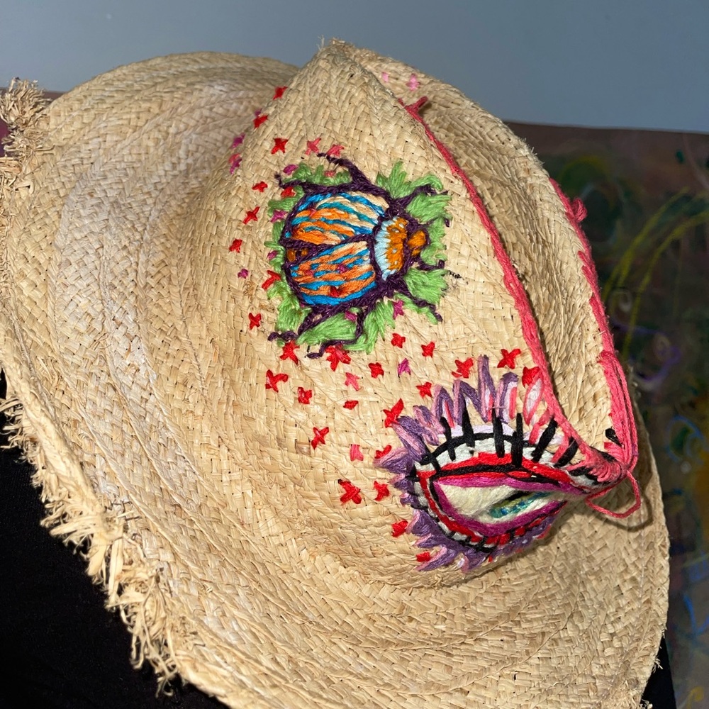 Embroidered Straw Hat with Colorful beetle and all seeing eye Accents